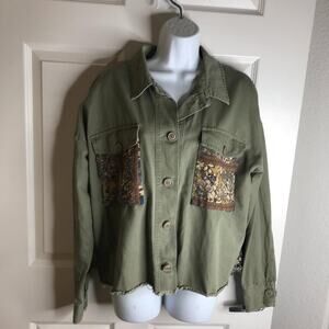 By Together Women's Oversized Floral Denim Jacket Army Green ~ Size S